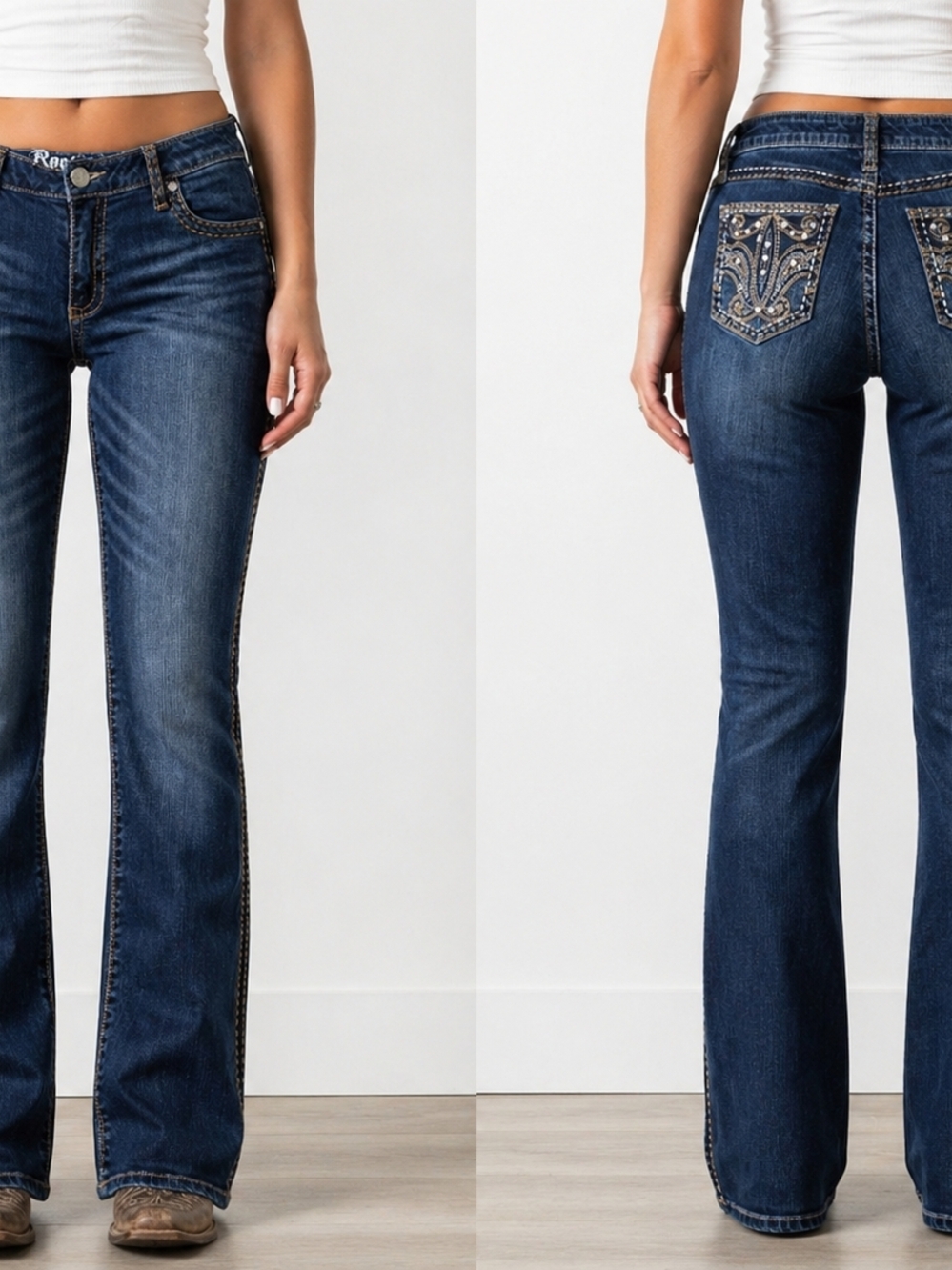 Wrangler Rock 47 Dark Blue Bootcut Jeans with Embroidery Back Pockets